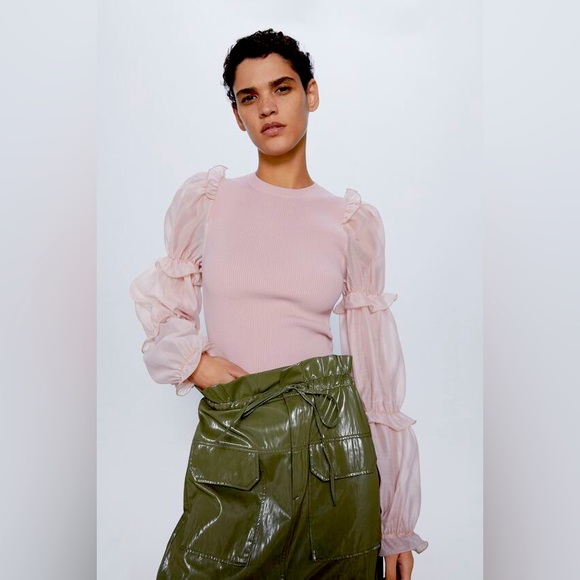 Zara Tops Zara Organza Knit Puff Sleeve Top Poshmark